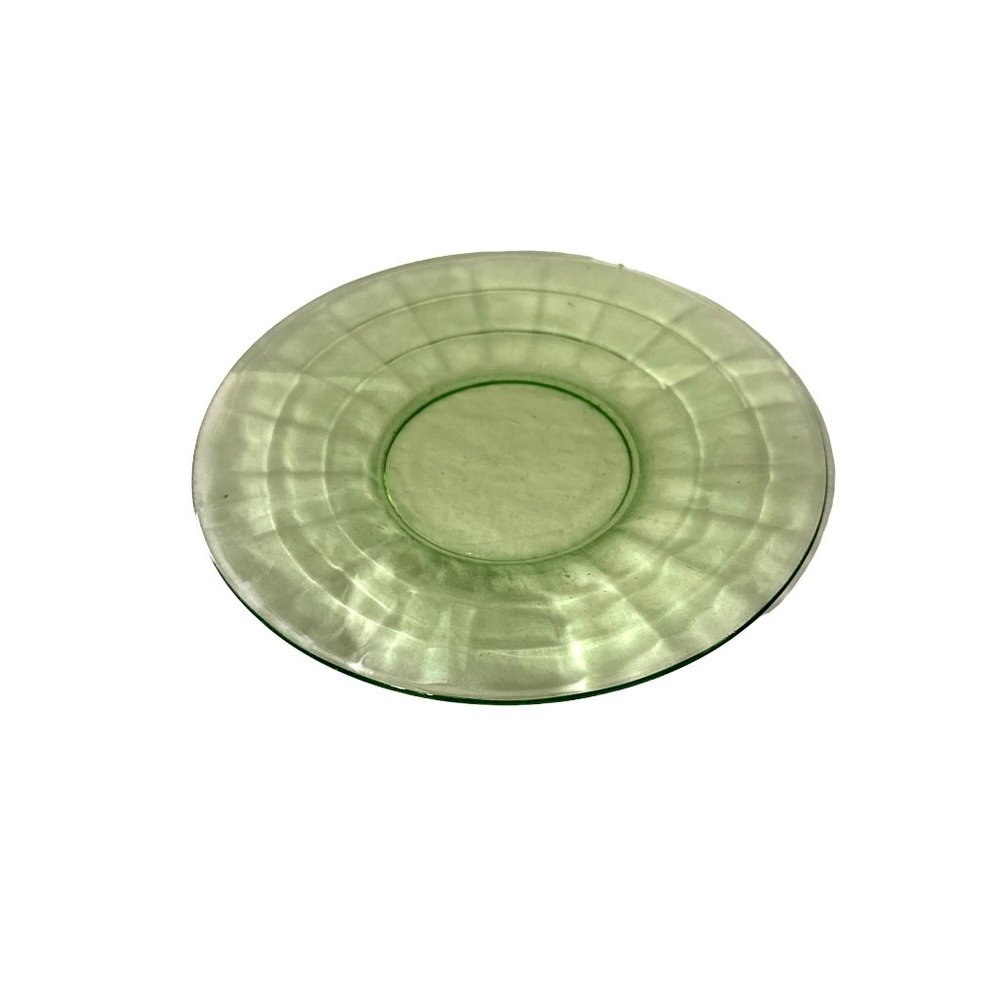 2 depression era 6 “ saucers Hocking Glass green block optic clear floral etched